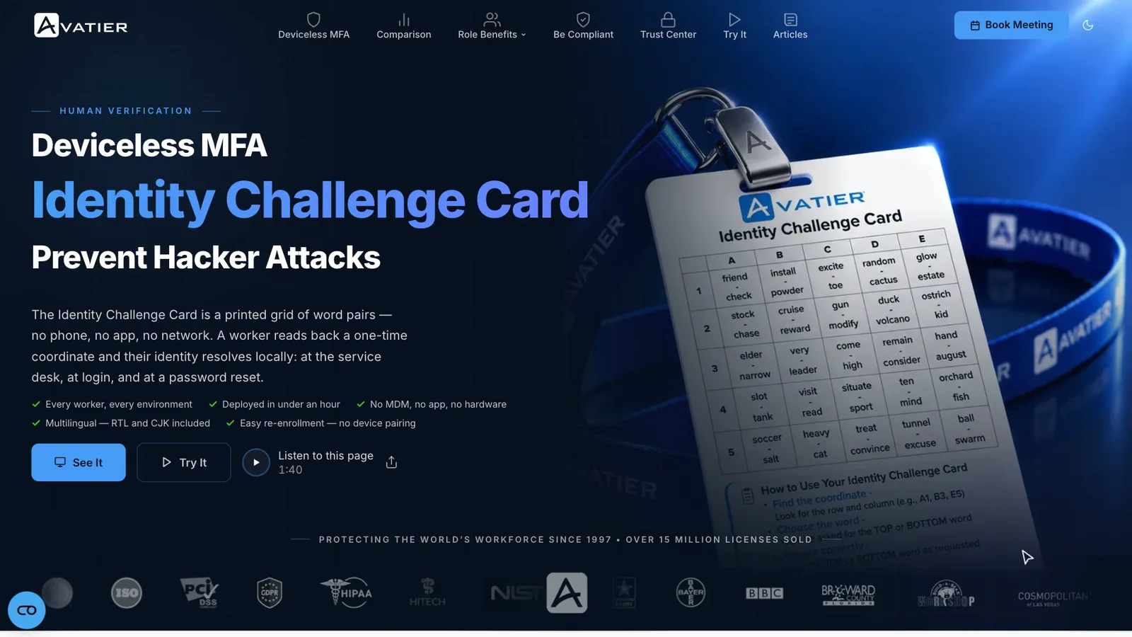 Avatier web estate explainer — the Identity Challenge Card and Credential Governance sites, llms.txt, robots.txt, 14 languages, page narration and a clean schema validation